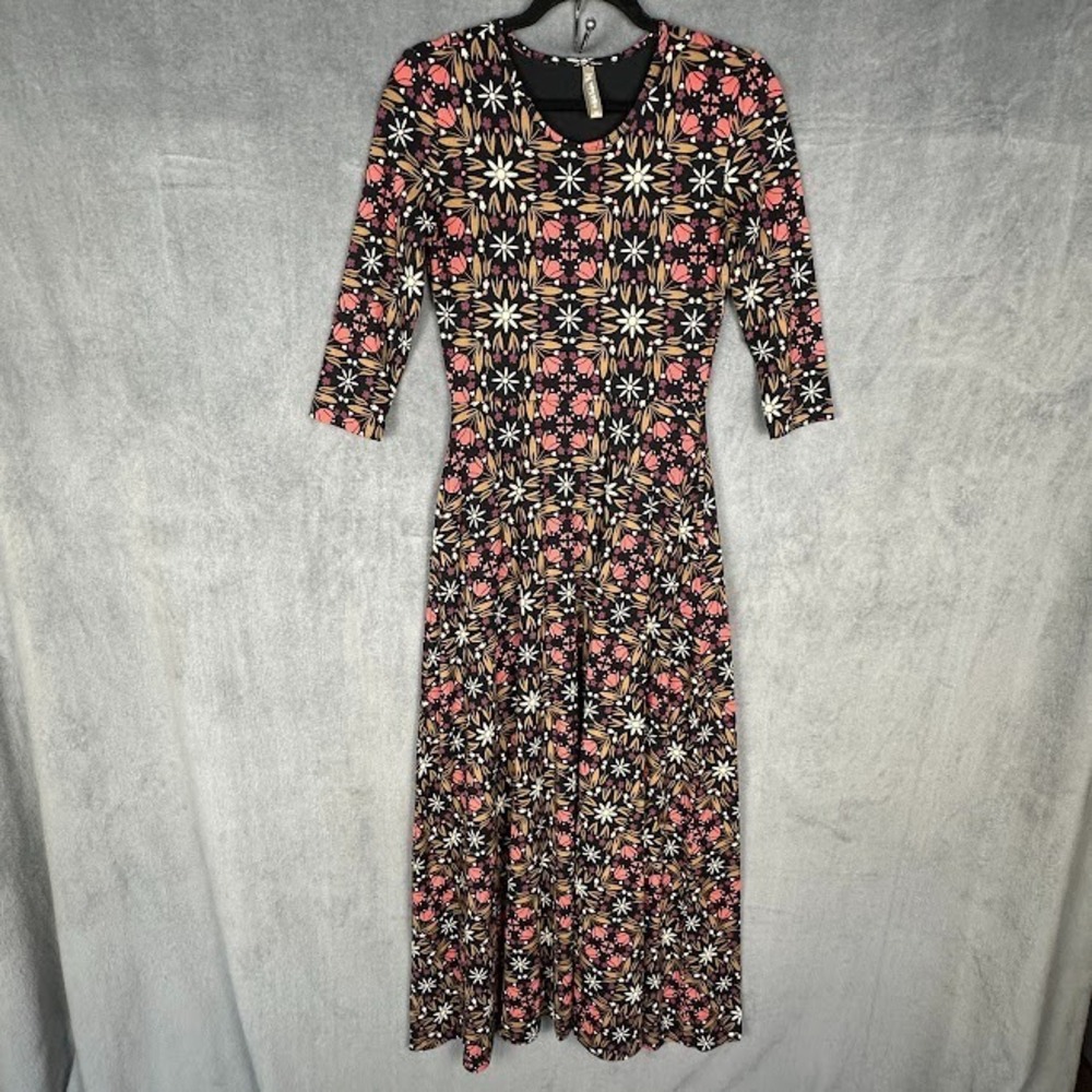 Mata Traders Dress Women Extra Small Black Floral 3/4 Length Sleeve Maxi Organic
